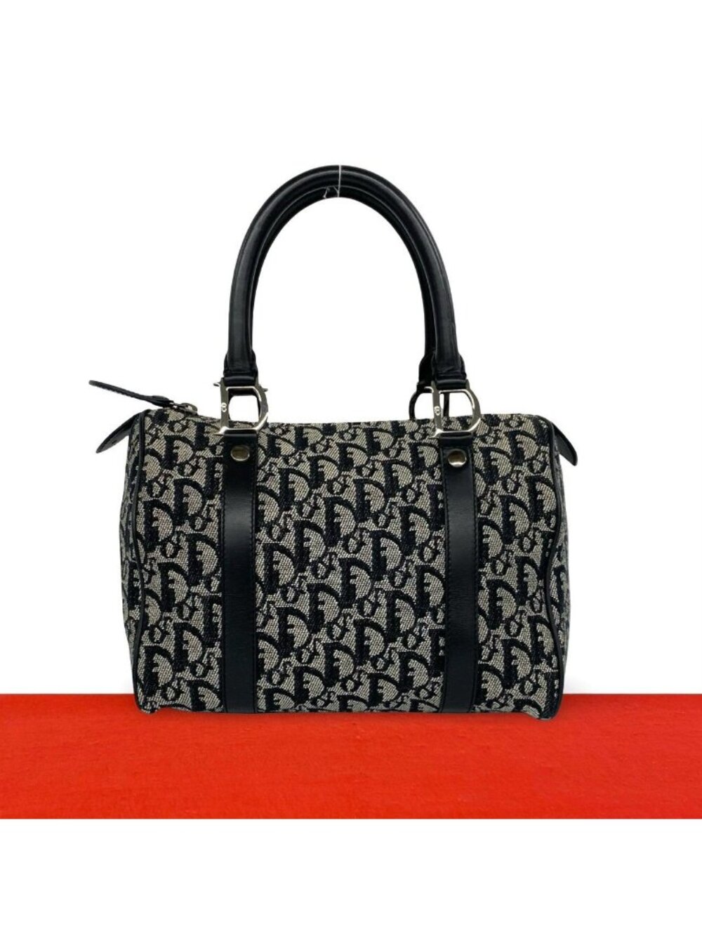 Dior Trotter Pattern Canvas Leather Mini Boston Bag Black